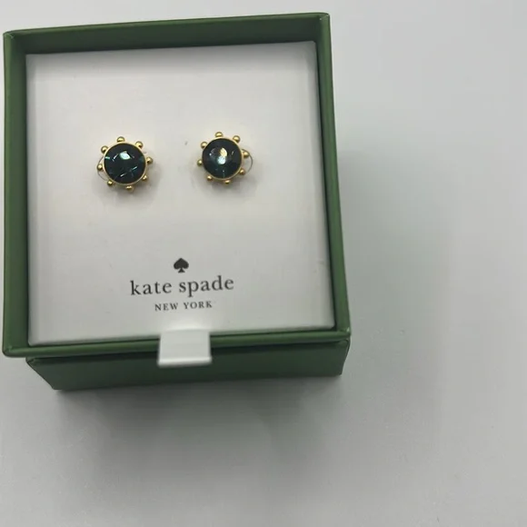 NIB Kate Spade Turquois Blue Stud Earrings Crystal Flying Colors Bezel Gold Tone - Picture 5 of 6